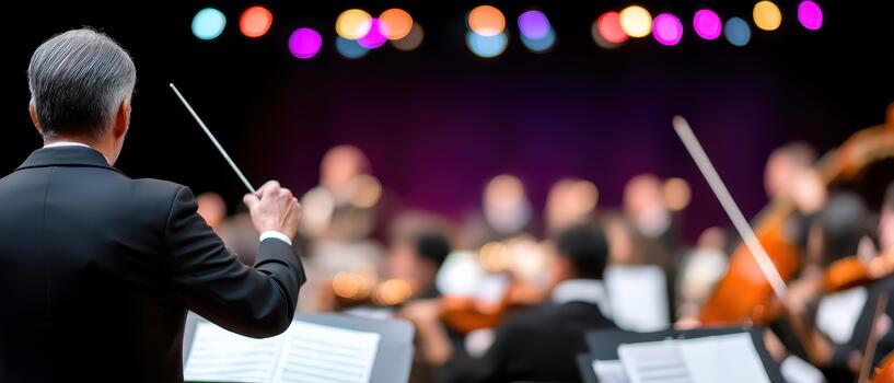 Orchestra performs beautifully under guidance of skilled conductor creating captivating atmosphere filled with music and emotion photo