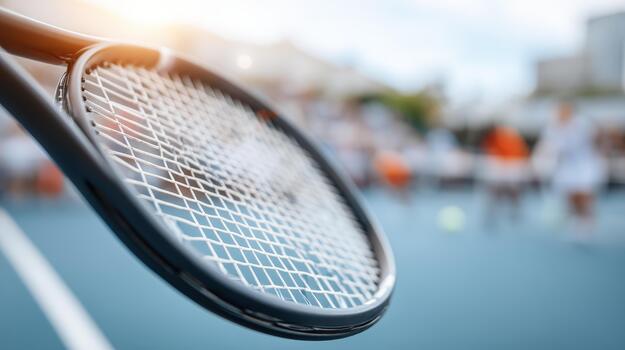 Close up view of tennis racket showcases its intricate strings and frame, capturing essence of sport. background features players engaged in lively match, emphasizing excitement of tennis photo