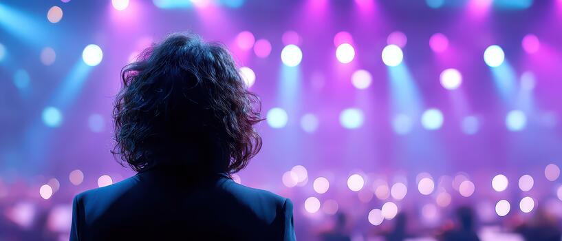 Conductor stands before orchestra, surrounded by vibrant lights that create magical atmosphere. anticipation in air is palpable as performance is about to begin photo