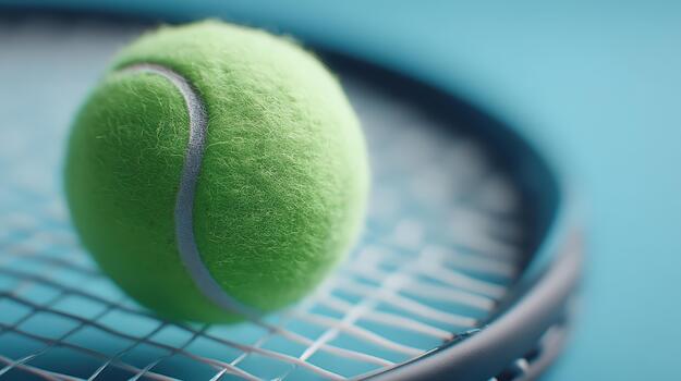 Vibrant tennis ball rests on racket, showcasing its bright green color and fuzzy texture. scene captures essence of sport, evoking excitement and energy photo