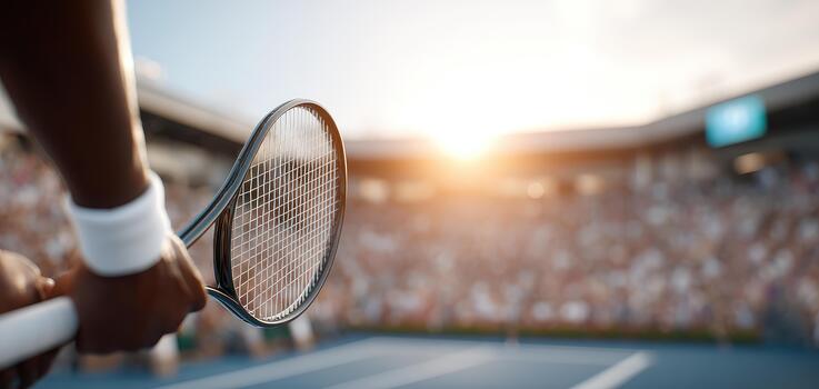 Player holds tennis racket ready for action on vibrant court filled with enthusiastic spectators. sun sets in background, creating warm and exciting atmosphere photo