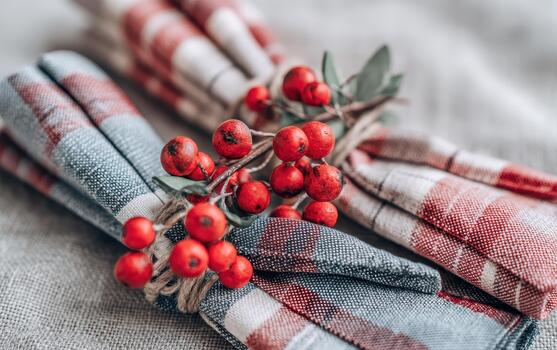 Cozy and festive, this features beautifully arranged napkins adorned with vibrant red berries, perfect for Christmas table setting. plaid pattern adds charming touch to holiday decor photo