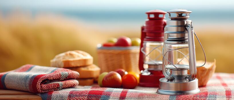 Cozy christmas scene featuring vintage lanterns, fresh apples, and basket of bread on checkered blanket, evoking warmth and nostalgia during festive season photo