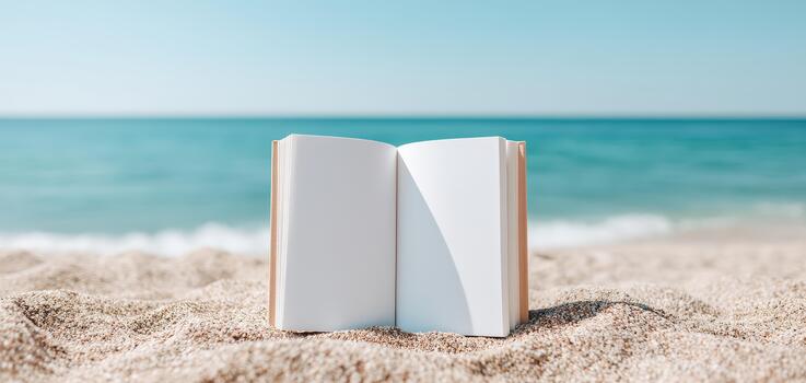 Serene book cover mockup rests on soft sand, inviting readers to imagine stories while waves gently lap at shore, creating peaceful atmosphere perfect for relaxation photo