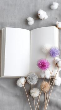 Beautiful book cover mockup featuring open blank book surrounded by colorful dried flowers and cotton stems, creating serene and artistic atmosphere photo