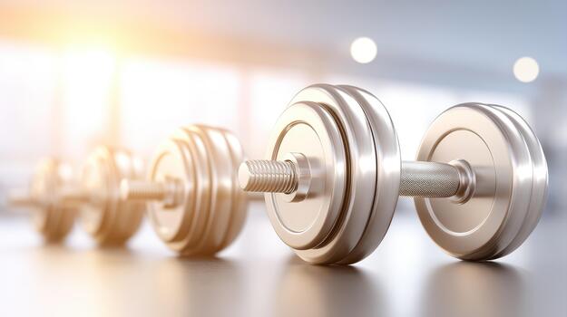 conjunto de brillante pesas forrado arriba en superficie refleja compromiso a aptitud y bienestar. estos pesos simbolizar fuerza y Dedicación a rutina de ejercicio rutinas, Perfecto para ninguna ejercicio entusiasta foto