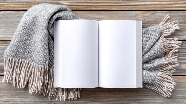 Cozy book cover mockup featuring open blank book resting on textured wooden surface alongside soft gray scarf. This inviting scene evokes warmth and creativity photo