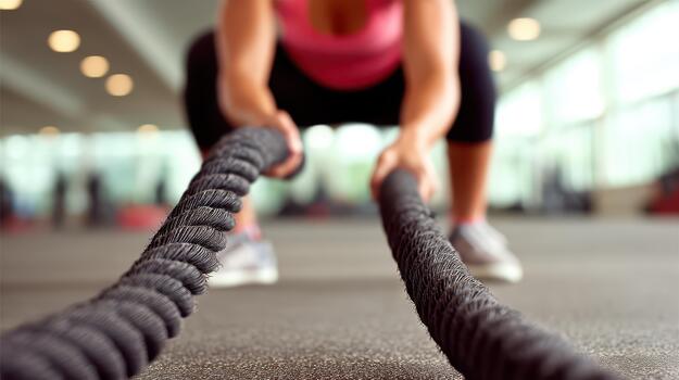 Person engages in challenging workout using battle ropes in gym setting, showcasing dedication to fitness and wellness through intense exercise and training photo