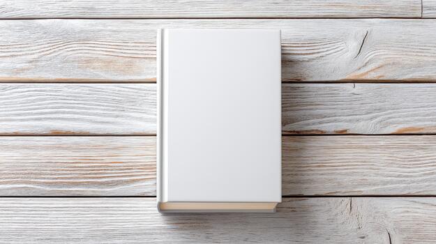 Blank book cover mockup rests on rustic wooden surface, inviting creativity and imagination. This simple yet elegant design showcases potential for unique artwork and titles photo