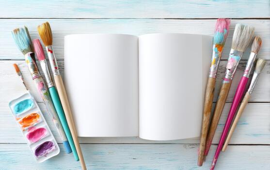 Artistic book cover mockup featuring open blank book surrounded by various paintbrushes and palette of vibrant colors creates inspiring atmosphere for creativity photo