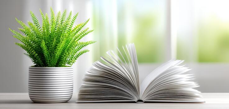 Open book rests on wooden table beside potted plant, creating serene atmosphere. book pages are fanned out, inviting readers to explore its content while vibrant greenery adds touch of nature photo