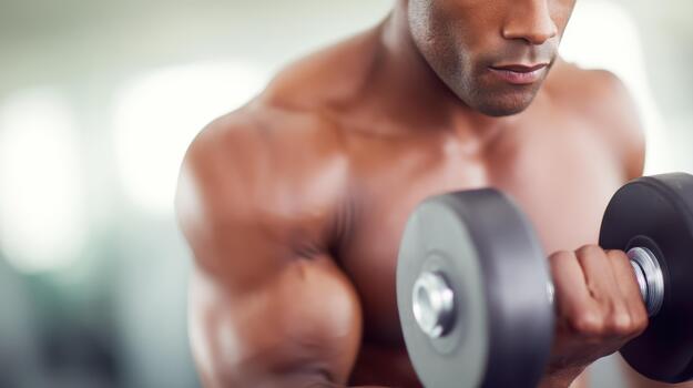 Focused individual engages in gym workout, lifting dumbbell to enhance strength and fitness. This exercise routine promotes wellness and showcases dedication to and overall health photo