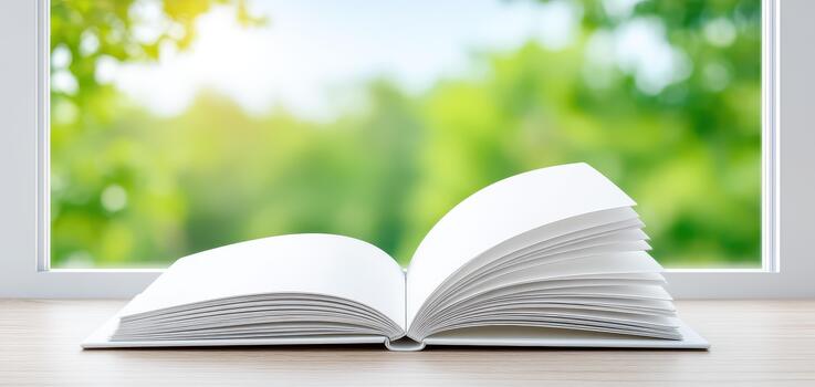 Open book rests on wooden surface near window, showcasing serene view of greenery outside. book cover is blank, inviting creativity and imagination photo