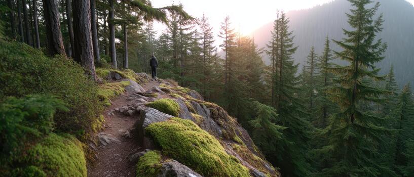 Person enjoys rock climbing and outdoor activities along scenic trail surrounded by lush greenery and towering trees as sun sets in background photo