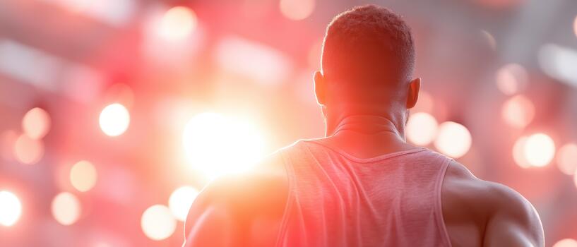persona soportes en gimnasia, iluminado por brillante luces, encarnando espíritu de bienestar y dedicación. esta momento capturas esencia de ejercicio, exhibiendo compromiso a y ejercicio foto