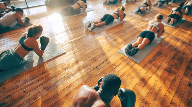Boxing exercise promotes wellness and strength as participants engage in dynamic workout routine on mats in bright studio. atmosphere is energetic and motivating photo