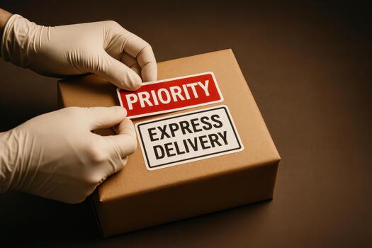 Person wearing gloves applies priority and express delivery labels to brown cardboard box, emphasizing importance of logistics in ecommerce and shipping photo
