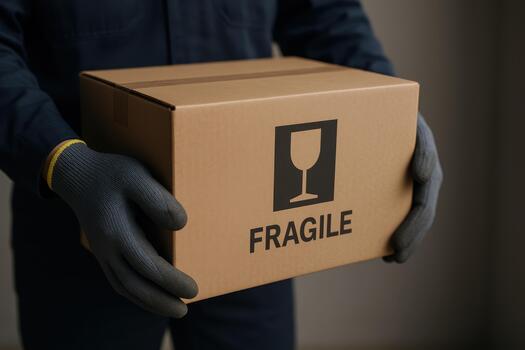 Person holds fragile package, emphasizing importance of careful handling in logistics and shipping for ecommerce. This scene highlights significance of safe delivery photo