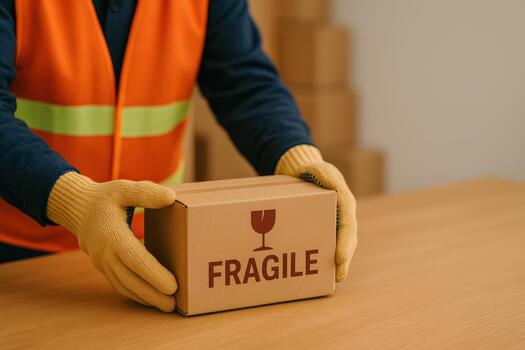 Worker in safety vest carefully handles fragile package in warehouse setting, emphasizing importance of logistics and shipping in ecommerce operations photo