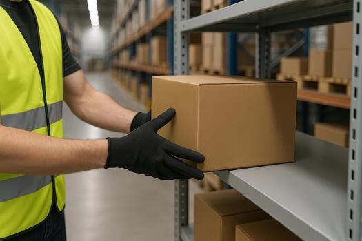Worker in safety vest carefully places cardboard box on shelf in warehouse, showcasing efficiency of logistics and ecommerce in shipping operations photo