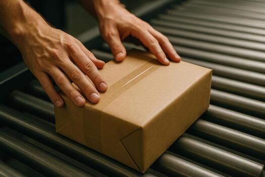 Person prepares package for shipping in warehouse, highlighting importance of logistics in ecommerce. Efficient shipping processes ensure timely delivery and customer satisfaction photo