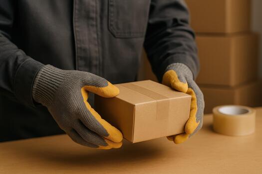 Person wearing gloves carefully holds cardboard box, preparing it for shipping in warehouse environment. This scene highlights importance of logistics in ecommerce and shipping photo