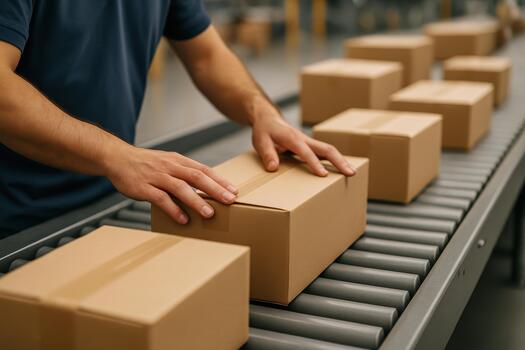 Efficient logistics in warehouse setting is crucial for ecommerce success, as shipping processes rely on careful handling of packages on conveyor belts photo