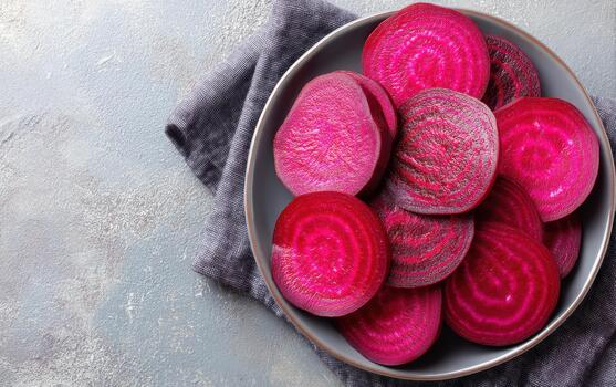 Freshly sliced beets showcase vibrant colors and unique patterns, highlighting their health benefits and versatility in food preparation. These nutritious vegetables can enhance various dishes photo