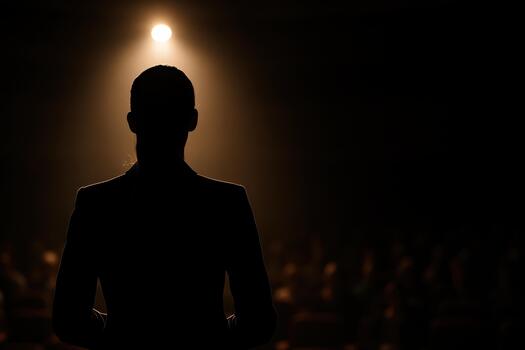 Motivational speaker stands confidently in front of audience, illuminated by spotlight, ready to deliver inspiring presentation that captivates and engages everyone present photo