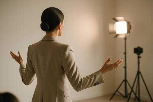 Confident speaker delivers motivational presentation in professional setting, engaging audience with expressive gestures and poised demeanor. atmosphere is inspiring and focused on growth photo