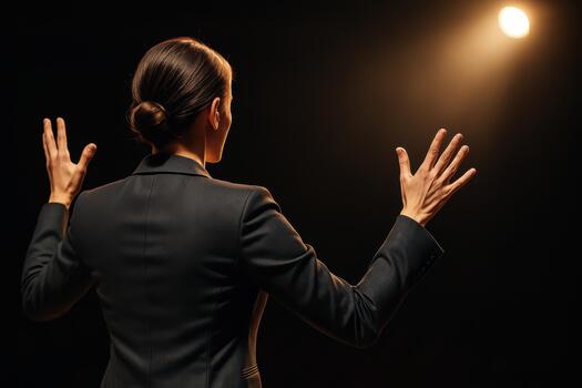 Motivational speaker delivers powerful presentation, engaging audience with expressive gestures and confidence. atmosphere is charged with inspiration and energy photo