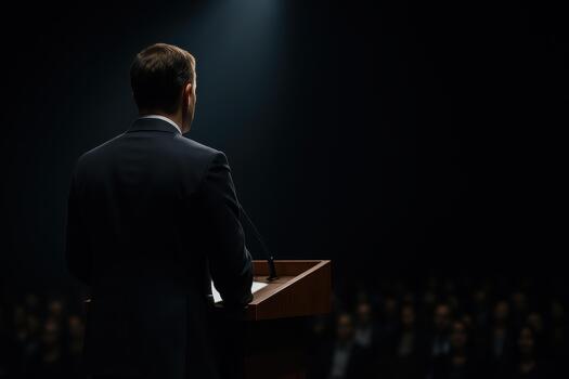 Motivational speaker delivers inspiring presentation to engaged audience dimly lit auditorium. atmosphere is charged with anticipation and focus, highlighting importance of effective communication photo