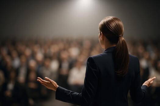 Confident speaker delivers motivational presentation to engaged audience, inspiring them with powerful ideas and insights. atmosphere is charged with energy and anticipation photo