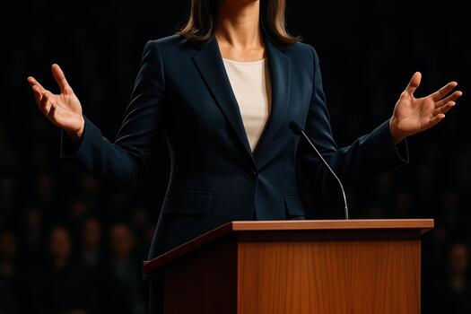 Confident speaker delivers motivational presentation from podium, engaging audience with expressive gestures. atmosphere is charged with inspiration and focus photo