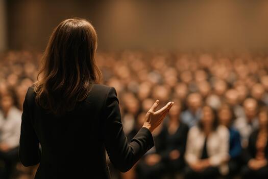 Motivational speaker captivates audience during business presentation, inspiring attendees with powerful insights and engaging storytelling. atmosphere is charged with enthusiasm and anticipation photo