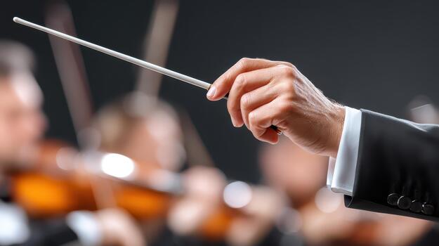 Close up view of conductor hand holding baton, leading orchestra. blurred background features musicians playing string instruments, creating dynamic atmosphere of live performance photo