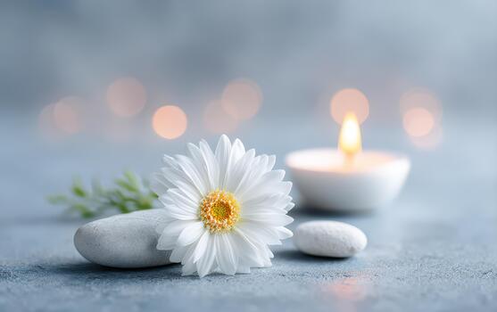 Serene spa setting featuring beautiful white flower resting on smooth stones, complemented by lit candle in background, creating perfect atmosphere for wellness and relaxation therapy photo