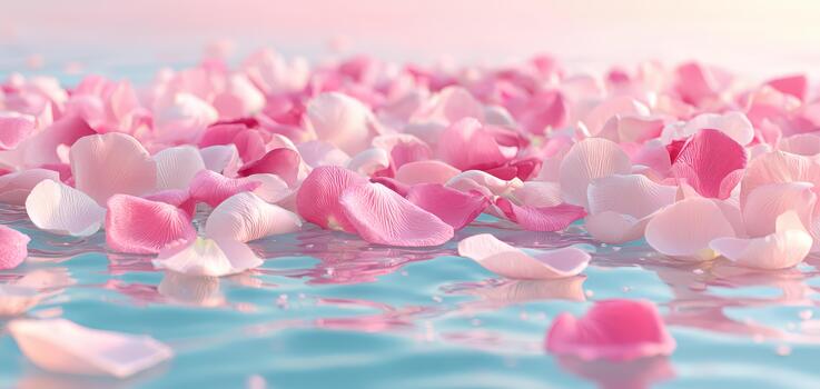 Soft pink and white flower petals float gracefully on tranquil water, creating serene atmosphere perfect for spa wellness and relaxation therapy. gentle ripples enhance calming effect photo