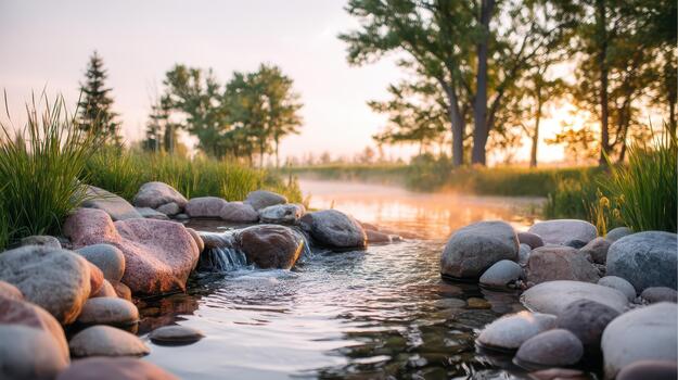 Serene spa setting featuring tranquil stream surrounded by smooth stones and lush greenery, perfect for wellness and relaxation therapy. gentle flow of water enhances peaceful atmosphere photo