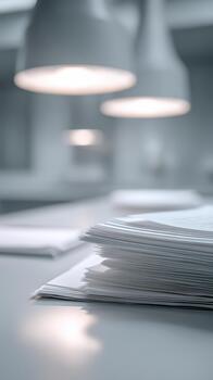 Stacks of documents are illuminated by soft overhead lighting in modern workspace, creating serene atmosphere ideal for healthcare and medical professionals to focus on important tasks photo