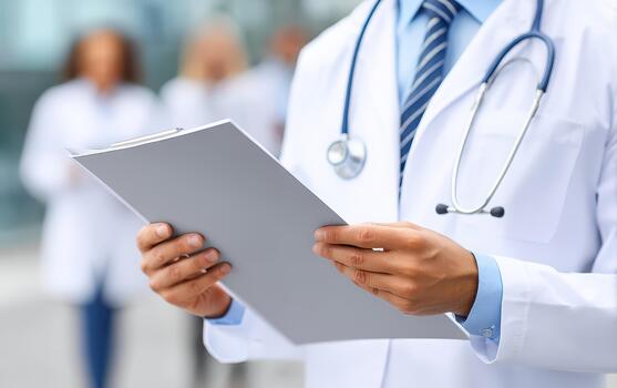 Healthcare professional in white coat holds clipboard while reviewing medical documents. background features blurred figures, emphasizing focus on medical context and professionalism photo