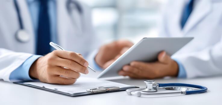 Healthcare professionals engage in medical documentation while using tablet and stethoscope, showcasing integration of technology in modern healthcare practices photo