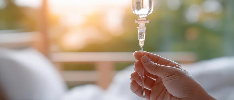 Hand holds intravenous drip in healthcare setting, symbolizing medical treatment and patient care. soft background light enhances atmosphere of healing and support photo