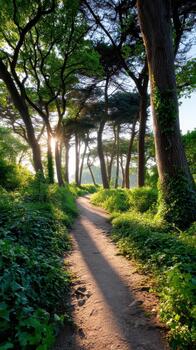Serene pathway winds through lush forest, illuminated by soft sunlight filtering through tall trees. This tranquil scene promotes mental health and wellness, inviting peaceful reflection photo