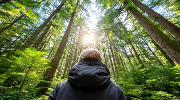 Person stands lush green forest surrounded by tall trees, looking up towards sunlight filtering through canopy. This serene scene promotes mental health and wellness, encouraging connection with photo