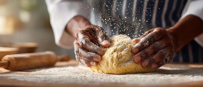 Kneading dough is joyful part of holiday baking, where hands work skillfully to create delicious treats. flour dust dances in air, adding to festive atmosphere photo