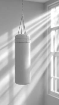 White punching bag hangs in well lit room, symbolizing exercise and wellness. soft light creates serene atmosphere, inviting focus on fitness and personal growth photo