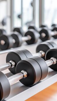 Dumbbells arranged neatly in gym setting symbolize exercise and wellness, encouraging individuals to pursue healthier lifestyle through strength training and fitness routines photo