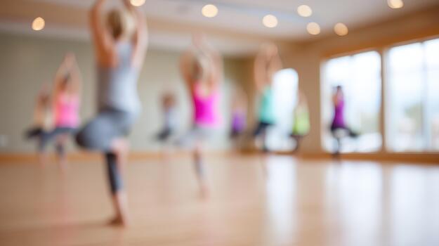 Yoga practice promotes exercise and wellness in serene environment where individuals focus on their movements and breath, enhancing both physical and mental health photo