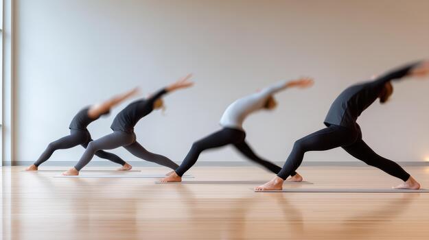 Dynamic exercise routines promote wellness and enhance flexibility while practicing yoga in serene studio environment. Participants engage in various poses to improve strength and balance photo